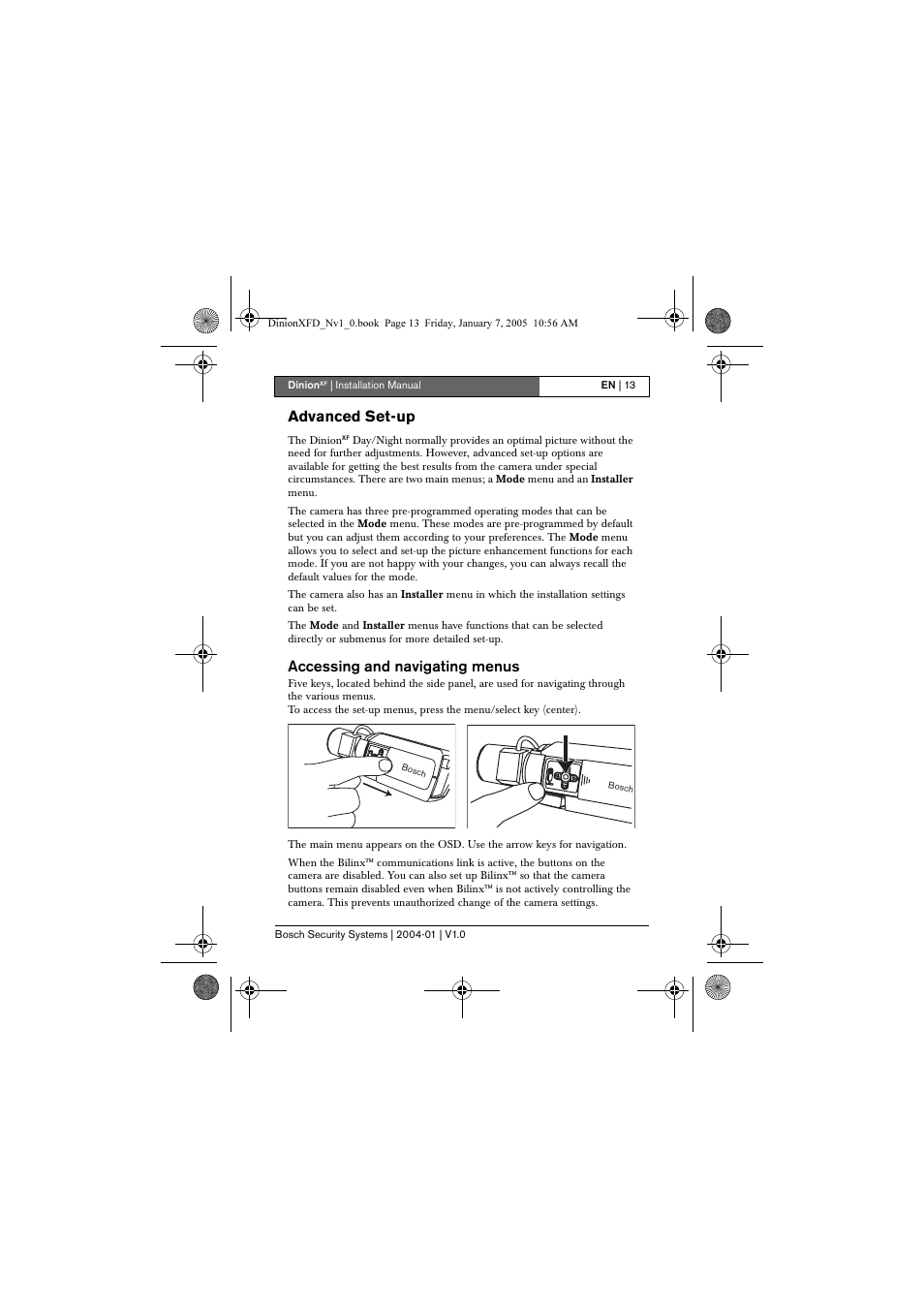 Advanced set-up, Accessing and navigating menus | Bosch DINIONXF LTC 0495 User Manual | Page 13 / 29
