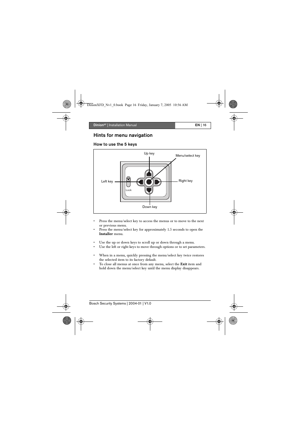 Hints for menu navigation, How to use the 5 keys | Bosch DINIONXF LTC 0495 User Manual | Page 16 / 29