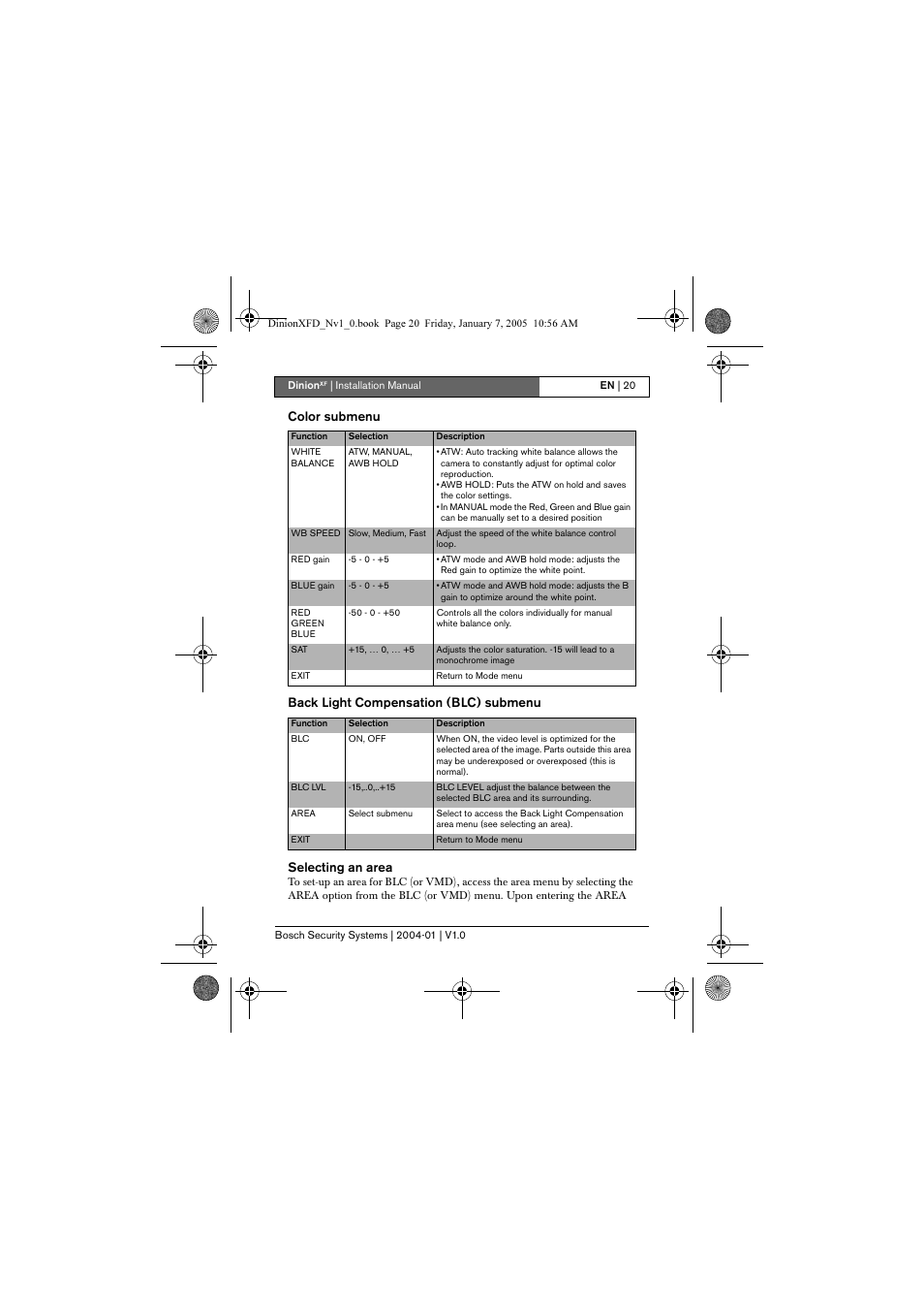 Color submenu, Back light compensation (blc) submenu, Selecting an area | Bosch DINIONXF LTC 0495 User Manual | Page 20 / 29