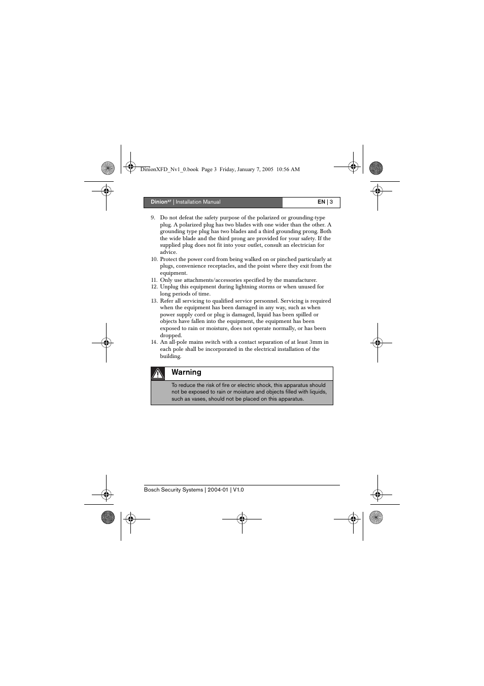 Warning | Bosch DINIONXF LTC 0495 User Manual | Page 3 / 29
