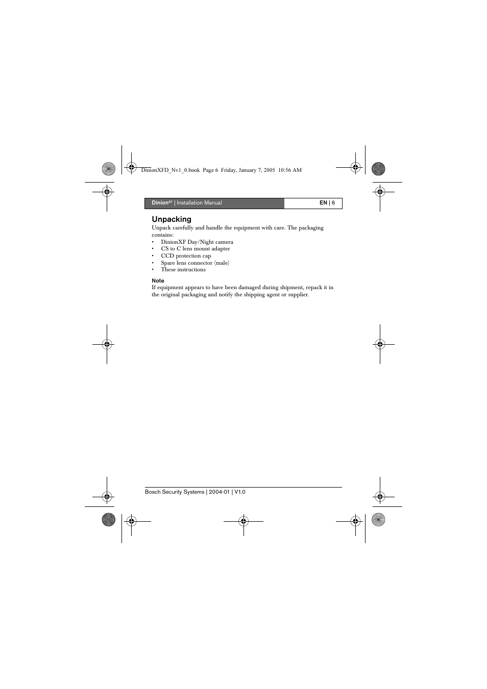 Unpacking | Bosch DINIONXF LTC 0495 User Manual | Page 6 / 29