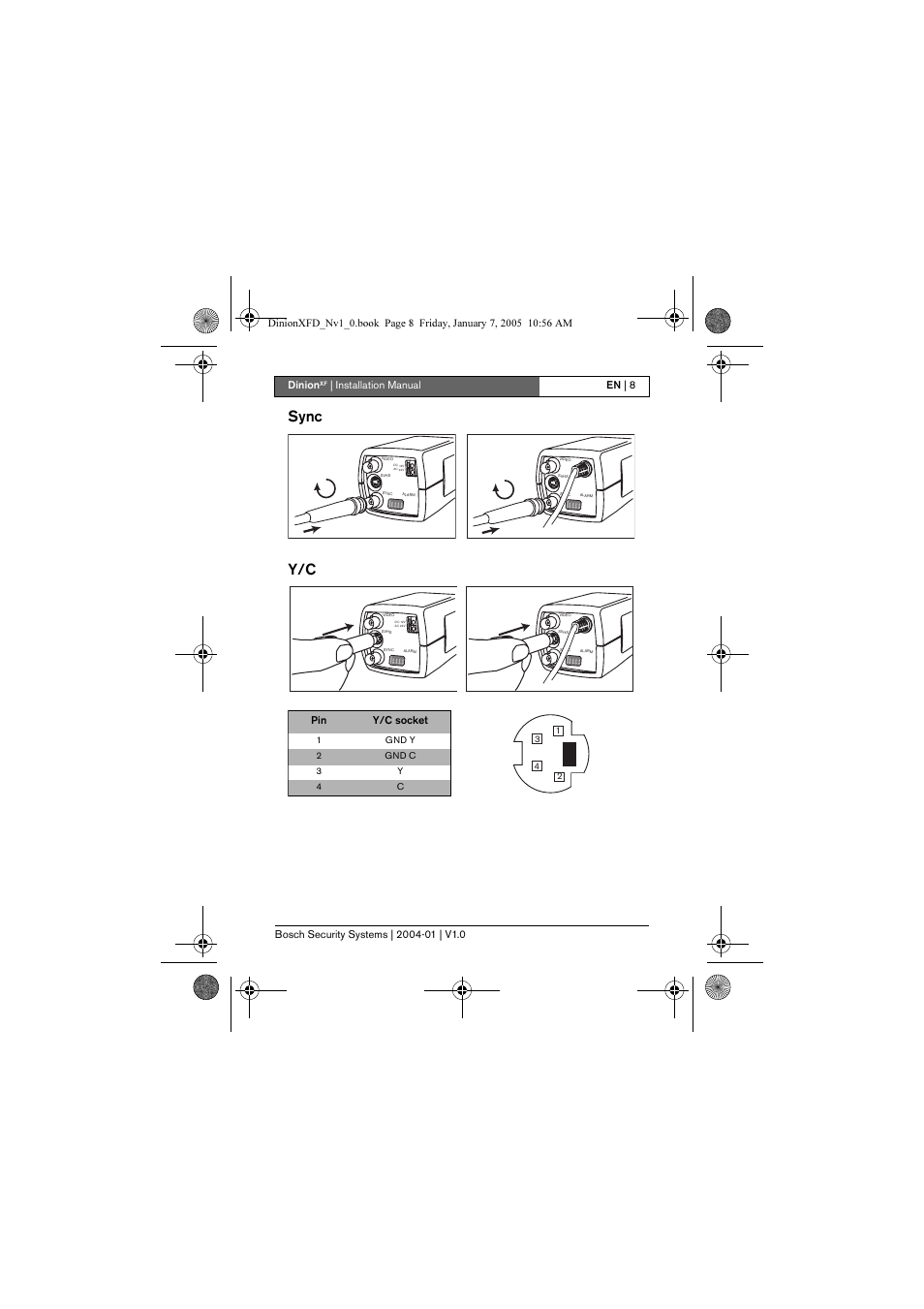 Sync, Sync y/c, Dinion | Pin y/c socket | Bosch DINIONXF LTC 0495 User Manual | Page 8 / 29