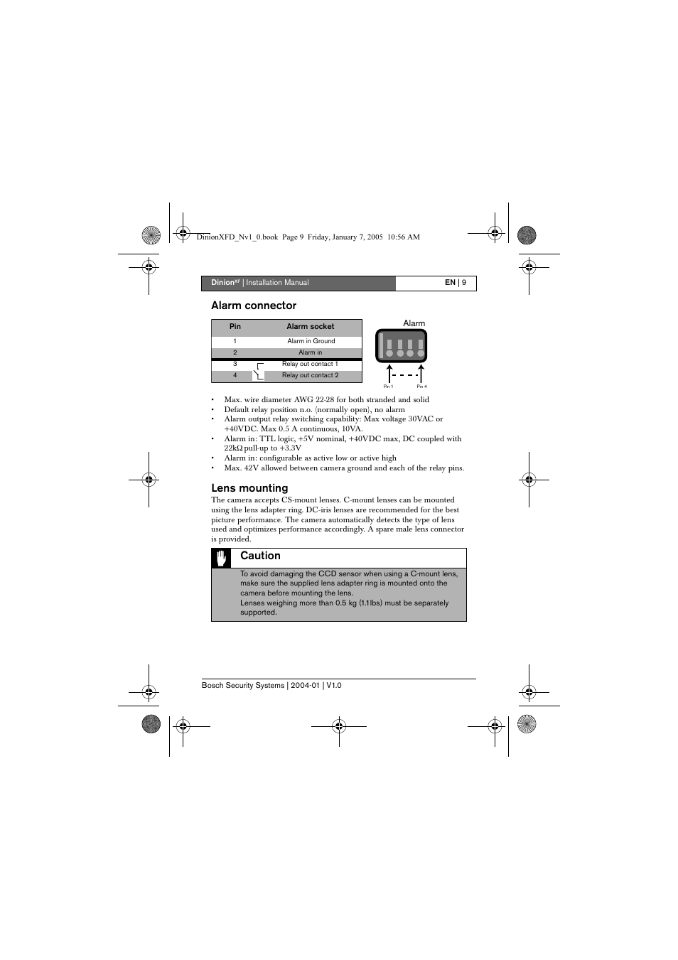 Alarm connector, Lens mounting, Caution | Bosch DINIONXF LTC 0495 User Manual | Page 9 / 29