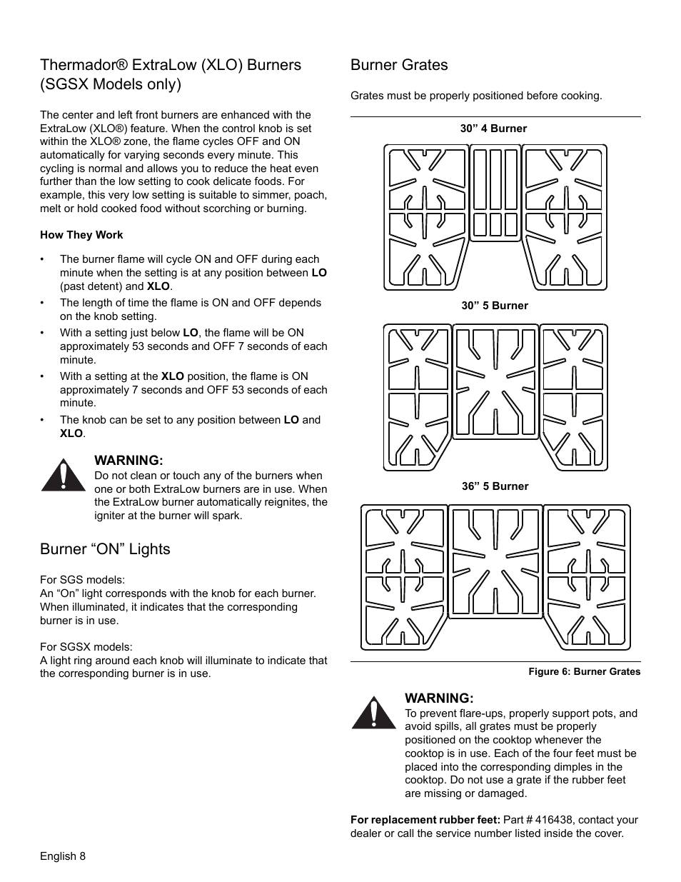 Burner “on” lights, Burner grates, Figure 6: burner grates | Bosch SGSX User Manual | Page 10 / 68