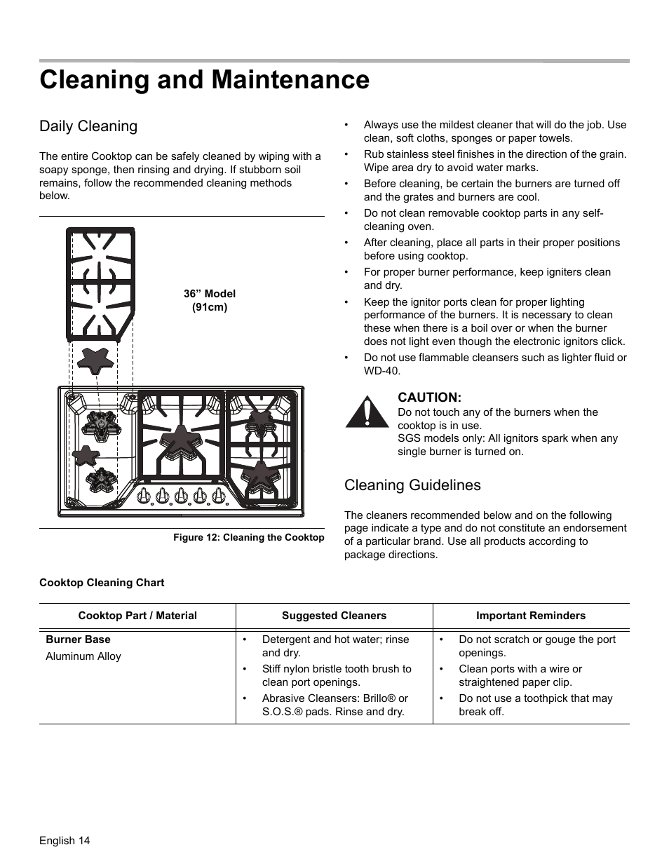 Cleaning and maintenance, Daily cleaning, Figure 12: cleaning the cooktop | Cleaning guidelines, Cooktop cleaning chart | Bosch SGSX User Manual | Page 16 / 68