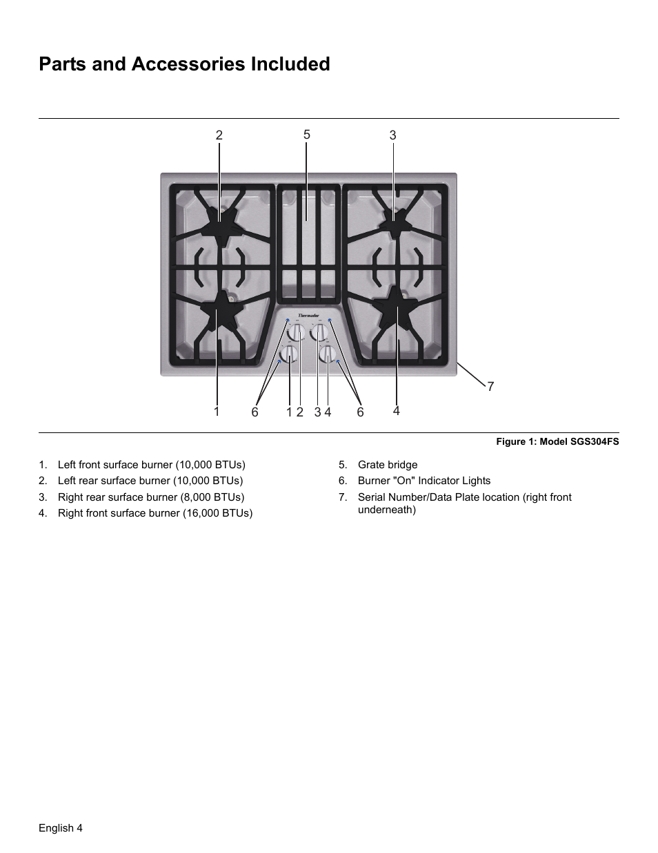 Parts and accessories included, Figure 1: model sgs304fs, Left front surface burner (10,000 btus) | Left rear surface burner (10,000 btus), Right rear surface burner (8,000 btus), Right front surface burner (16,000 btus), Grate bridge, Burner "on" indicator lights | Bosch SGSX User Manual | Page 6 / 68
