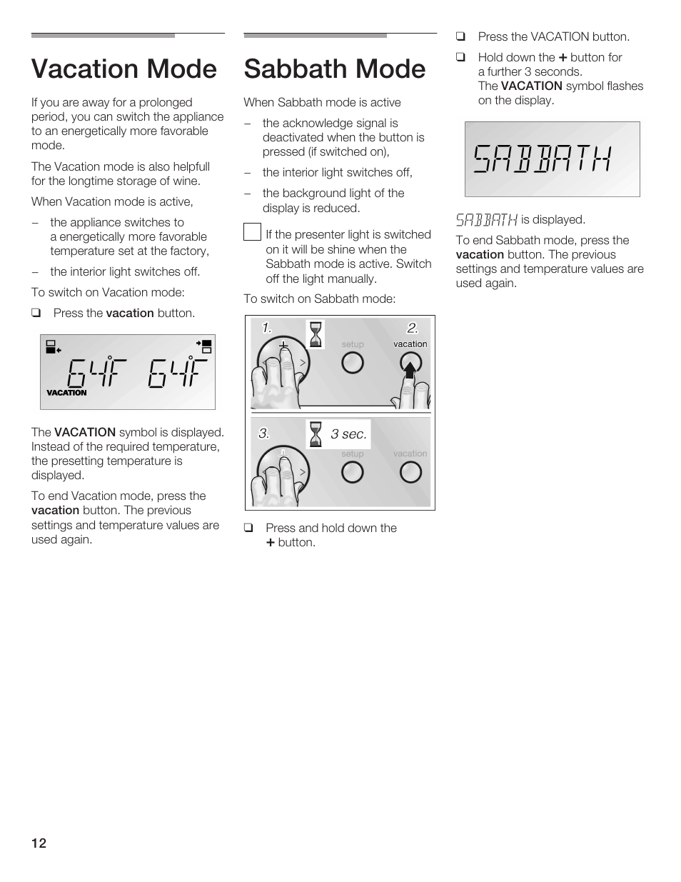 Vacation mode, Sabbath mode | Bosch B24IW User Manual | Page 11 / 60
