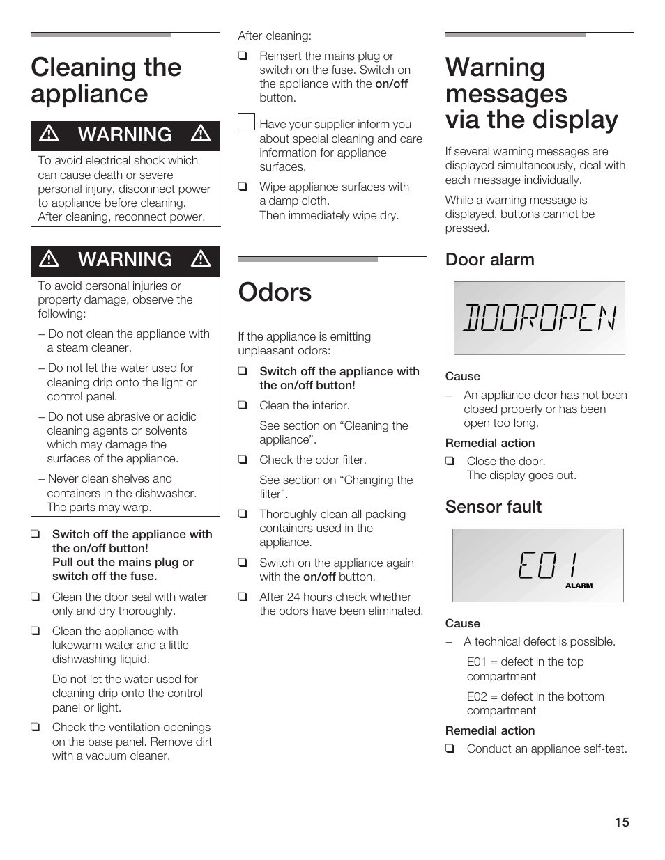 Cleaning the appliance, Odors, Warning messages via the display | Warning, Door alarm, Sensor fault | Bosch B24IW User Manual | Page 14 / 60