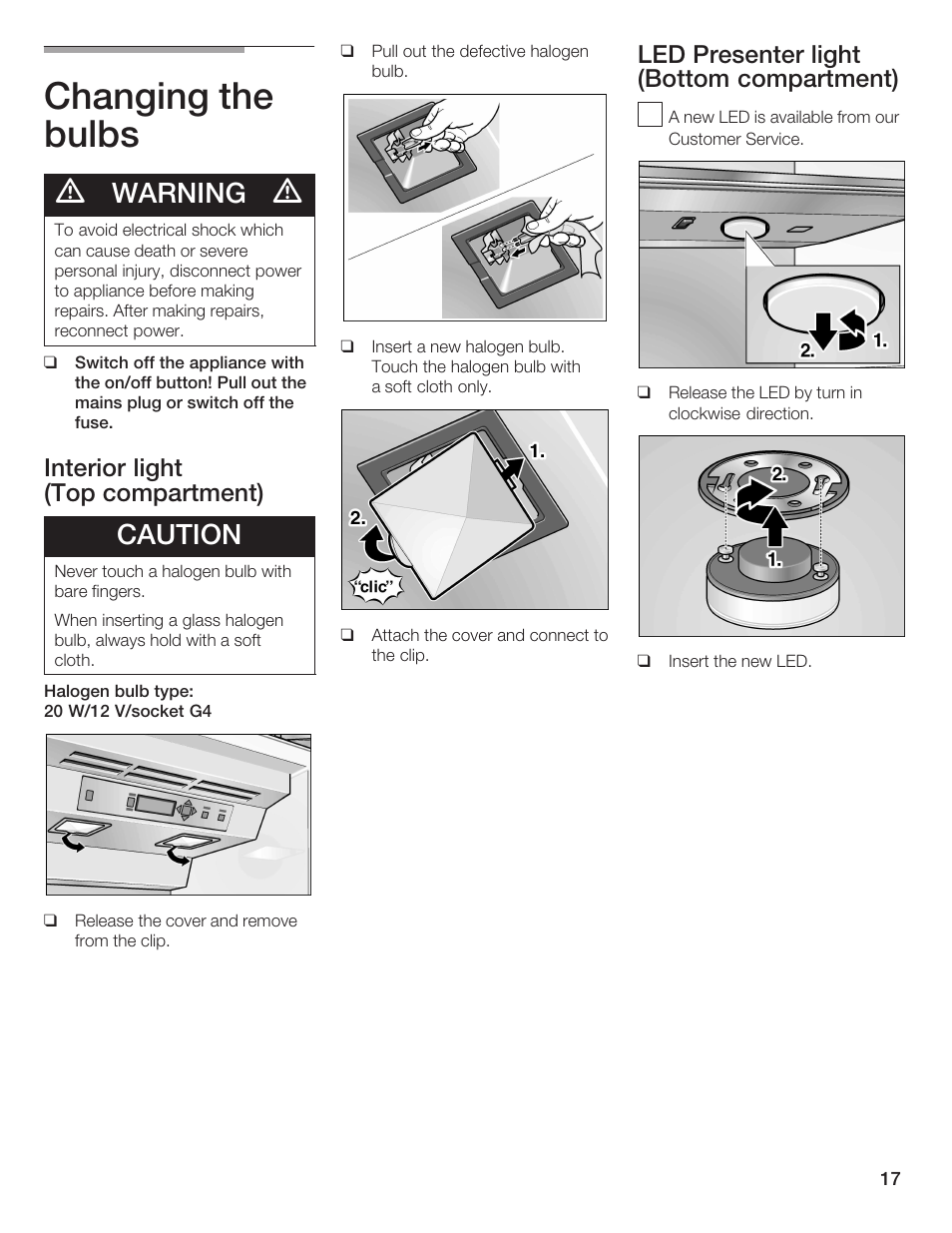 Changing the bulbs, Warning, Caution | Interior light (top compartment), Led presenter light (bottom compartment) | Bosch B24IW User Manual | Page 16 / 60