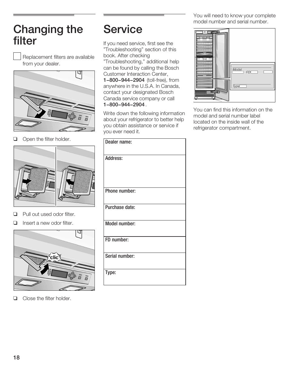 Changing the filter, Service | Bosch B24IW User Manual | Page 17 / 60