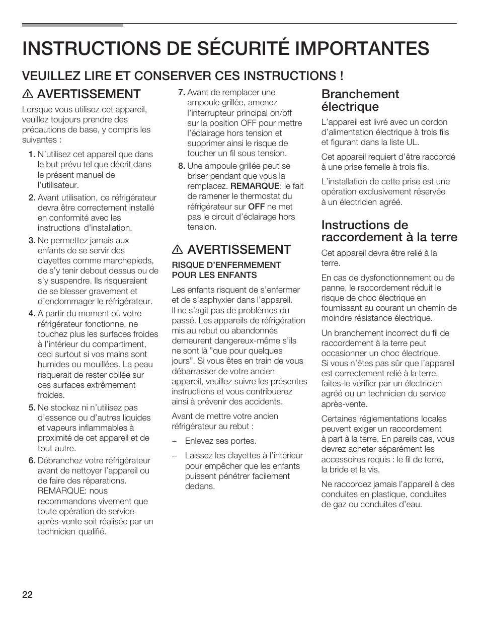 Instructions de sécurité importantes, E avertissement, Branchement électrique | Instructions de raccordement à la terre | Bosch B24IW User Manual | Page 21 / 60
