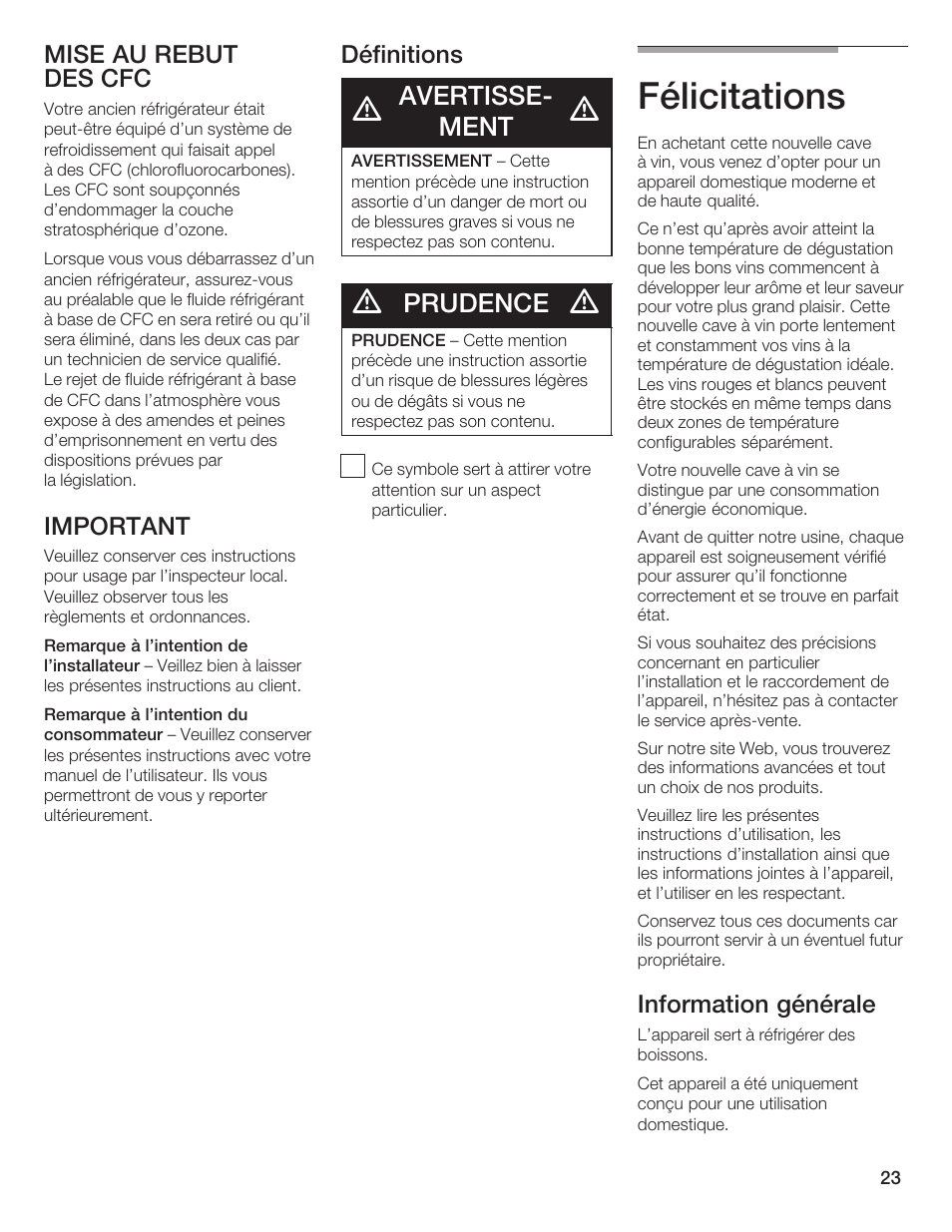 Félicitations, Avertisseć ment, Prudence | Bosch B24IW User Manual | Page 22 / 60