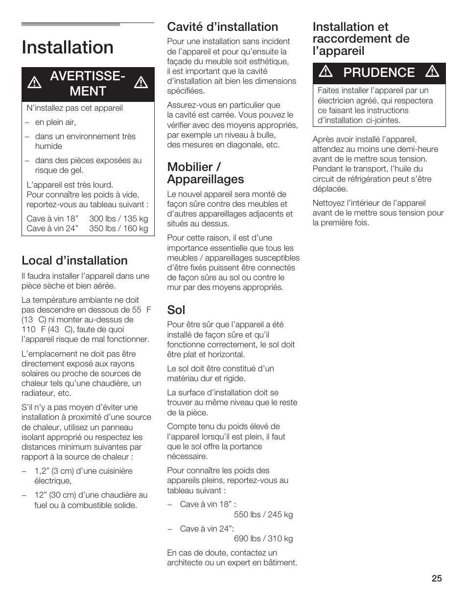 Installation, Avertisseć ment, Prudence | Local d'installation, Cavité d'installation, Mobilier / appareillages, Installation et raccordement de l'appareil | Bosch B24IW User Manual | Page 24 / 60