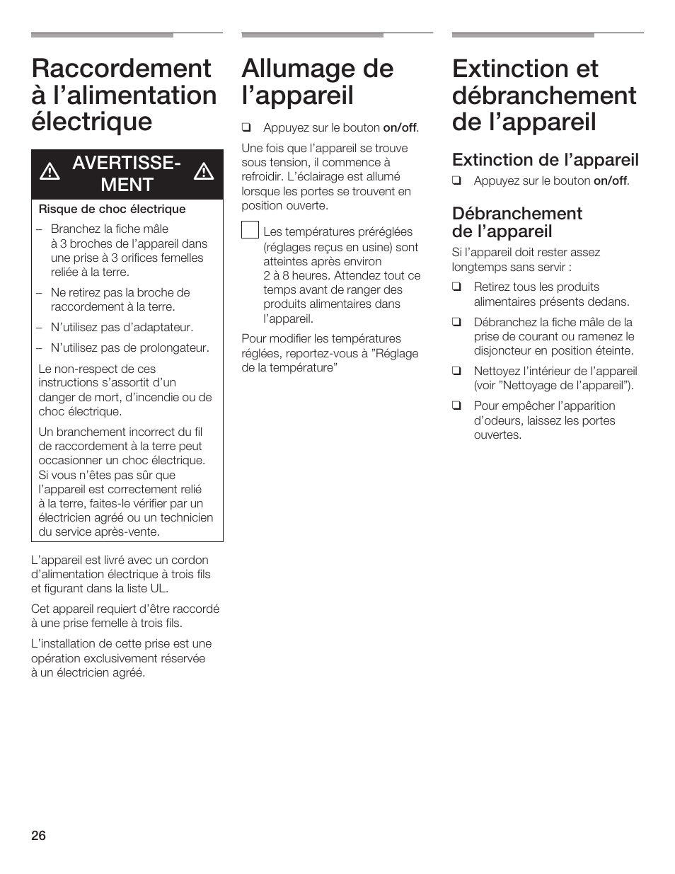 Raccordement à l'alimentation électrique, Allumage de l'appareil, Extinction et débranchement de l'appareil | Avertisseć ment, Extinction de l'appareil, Débranchement de l'appareil | Bosch B24IW User Manual | Page 25 / 60