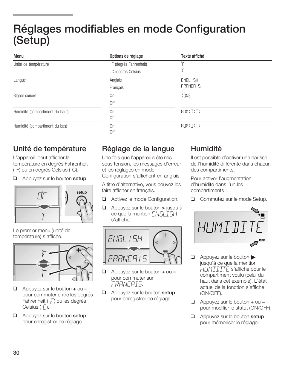 Réglages modifiables en mode configuration (setup), Unité de température, Réglage de la langue | Humidité | Bosch B24IW User Manual | Page 29 / 60