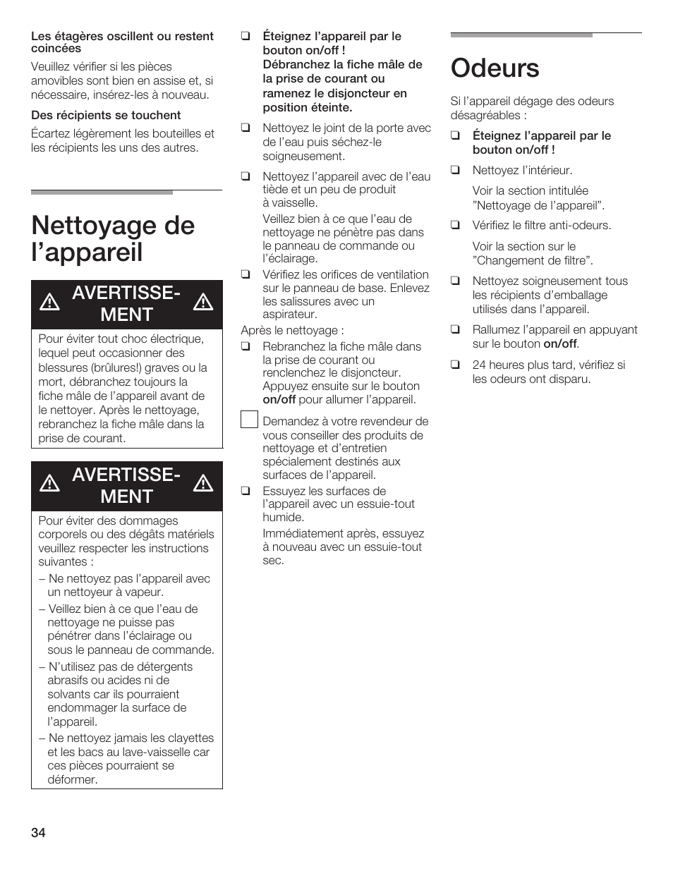 Nettoyage de l'appareil, Odeurs, Avertisseć ment | Bosch B24IW User Manual | Page 33 / 60