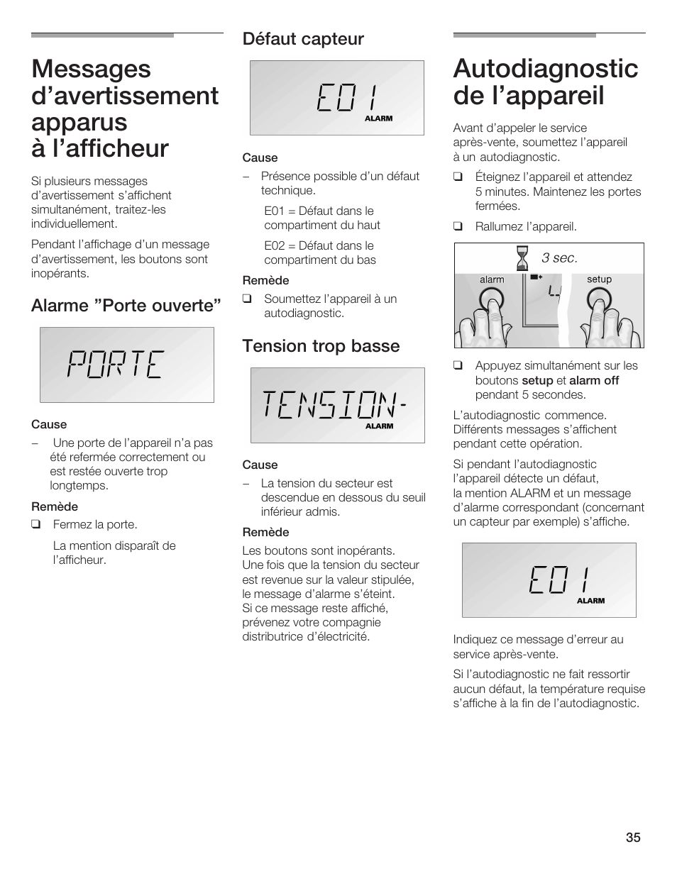 Autodiagnostic de l'appareil, Messages d'avertissement apparus à l'afficheur, Alarme 
