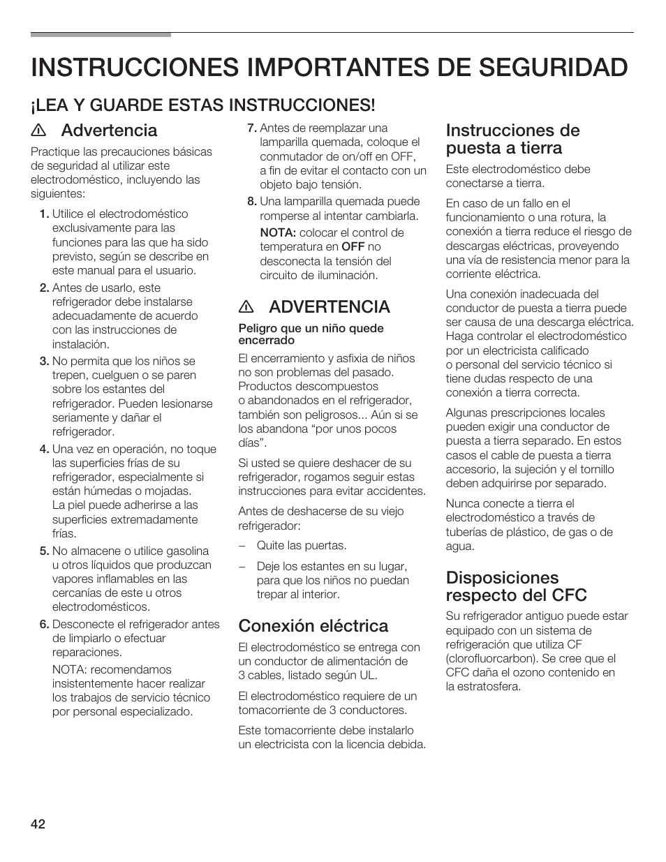 Instrucciones importantes de seguridad, Lea y guarde estas instrucciones! e advertencia, E advertencia | Conexión eléctrica, Instrucciones de puesta a tierra, Disposiciones respecto del cfc | Bosch B24IW User Manual | Page 41 / 60