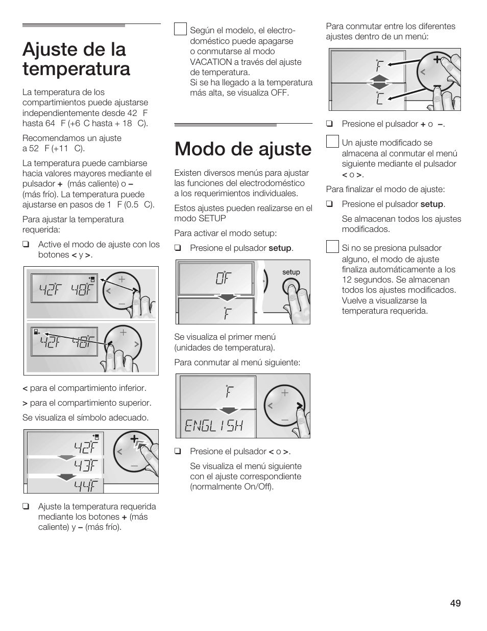Ajuste de la temperatura, Modo de ajuste | Bosch B24IW User Manual | Page 48 / 60
