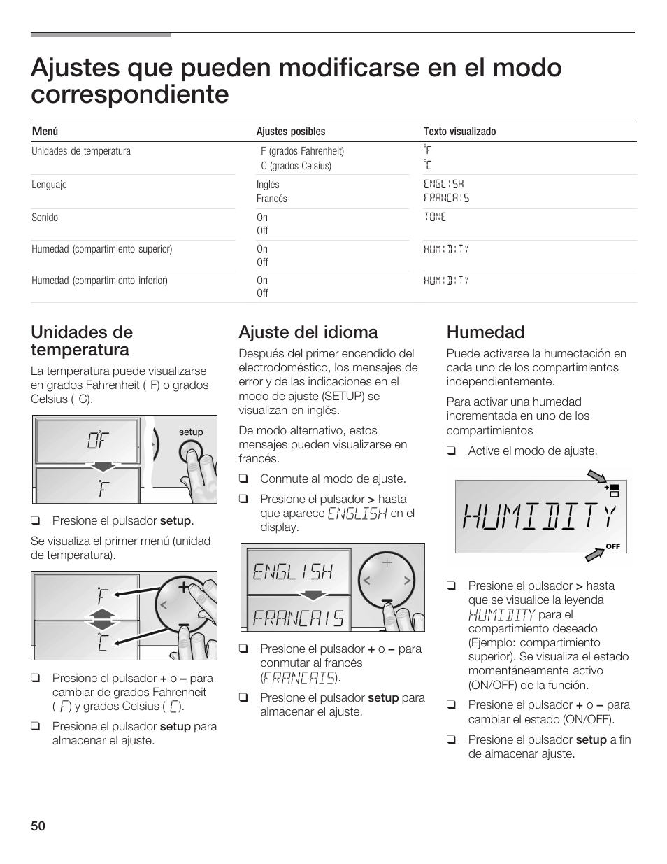 Unidades de temperatura, Ajuste del idioma, Humedad | Bosch B24IW User Manual | Page 49 / 60