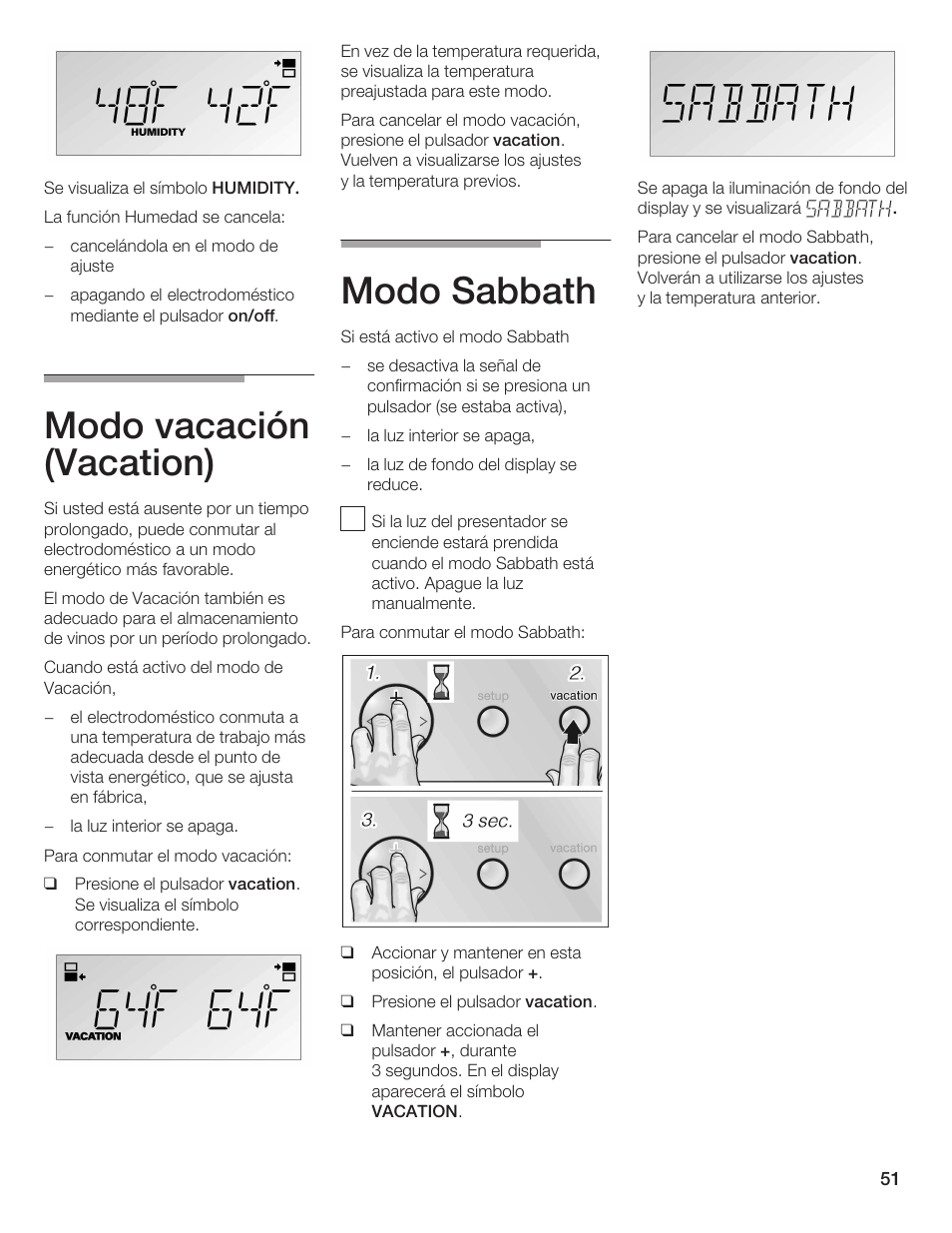 Modo vacación (vacation), Modo sabbath | Bosch B24IW User Manual | Page 50 / 60