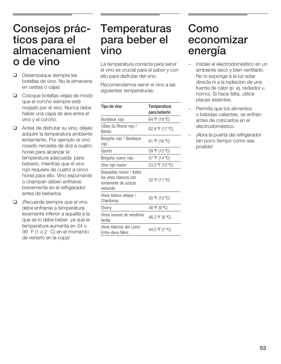 Temperaturas para beber el vino, Como economizar energía | Bosch B24IW User Manual | Page 52 / 60