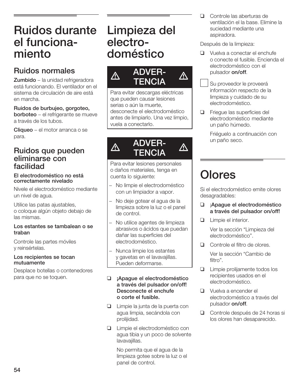 Ruidos durante el funcionać miento, Limpieza del electroć doméstico, Olores | Adverć tencia, Ruidos normales, Ruidos que pueden eliminarse con facilidad | Bosch B24IW User Manual | Page 53 / 60