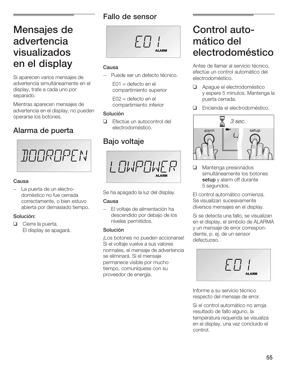 Mensajes de advertencia visualizados en el display, Control autoć mático del electrodoméstico, Alarma de puerta | Fallo de sensor, Bajo voltaje | Bosch B24IW User Manual | Page 54 / 60