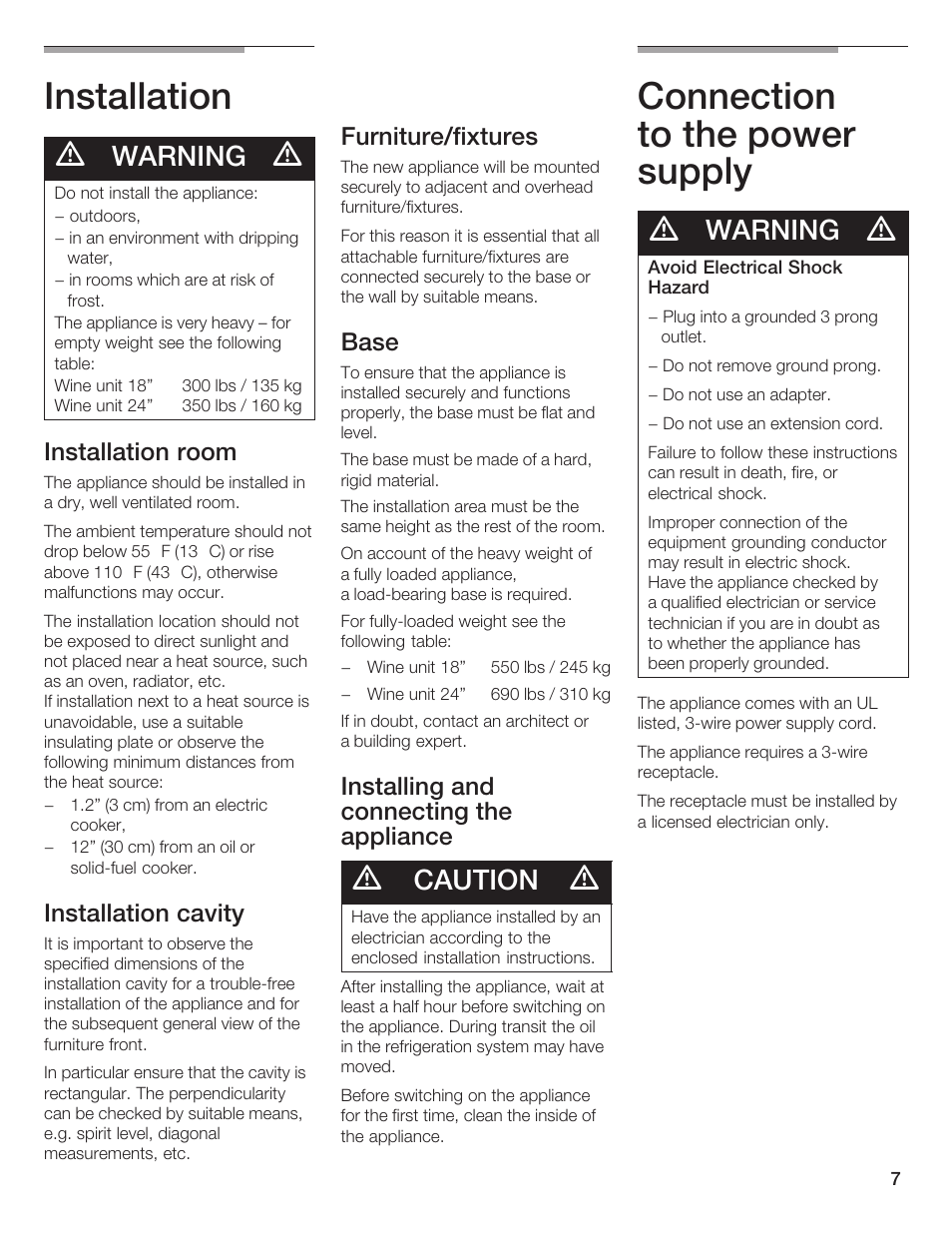 Installation, Connection to the power supply, Warning | Caution, Installation room, Installation cavity, Furniture/fixtures, Base, Installing and connecting the appliance | Bosch B24IW User Manual | Page 6 / 60