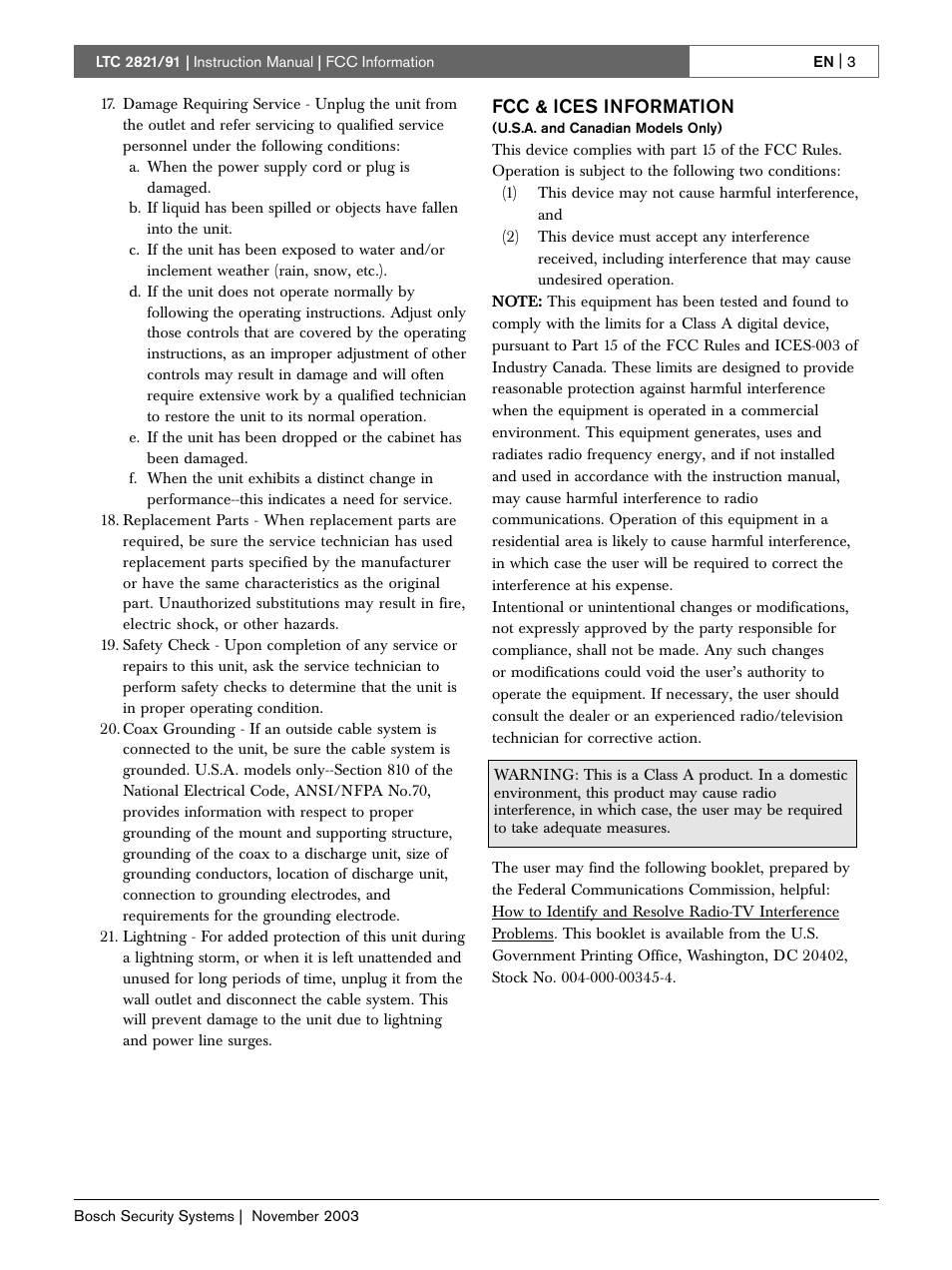 Fcc & ices information | Bosch LTC 2821 User Manual | Page 3 / 12