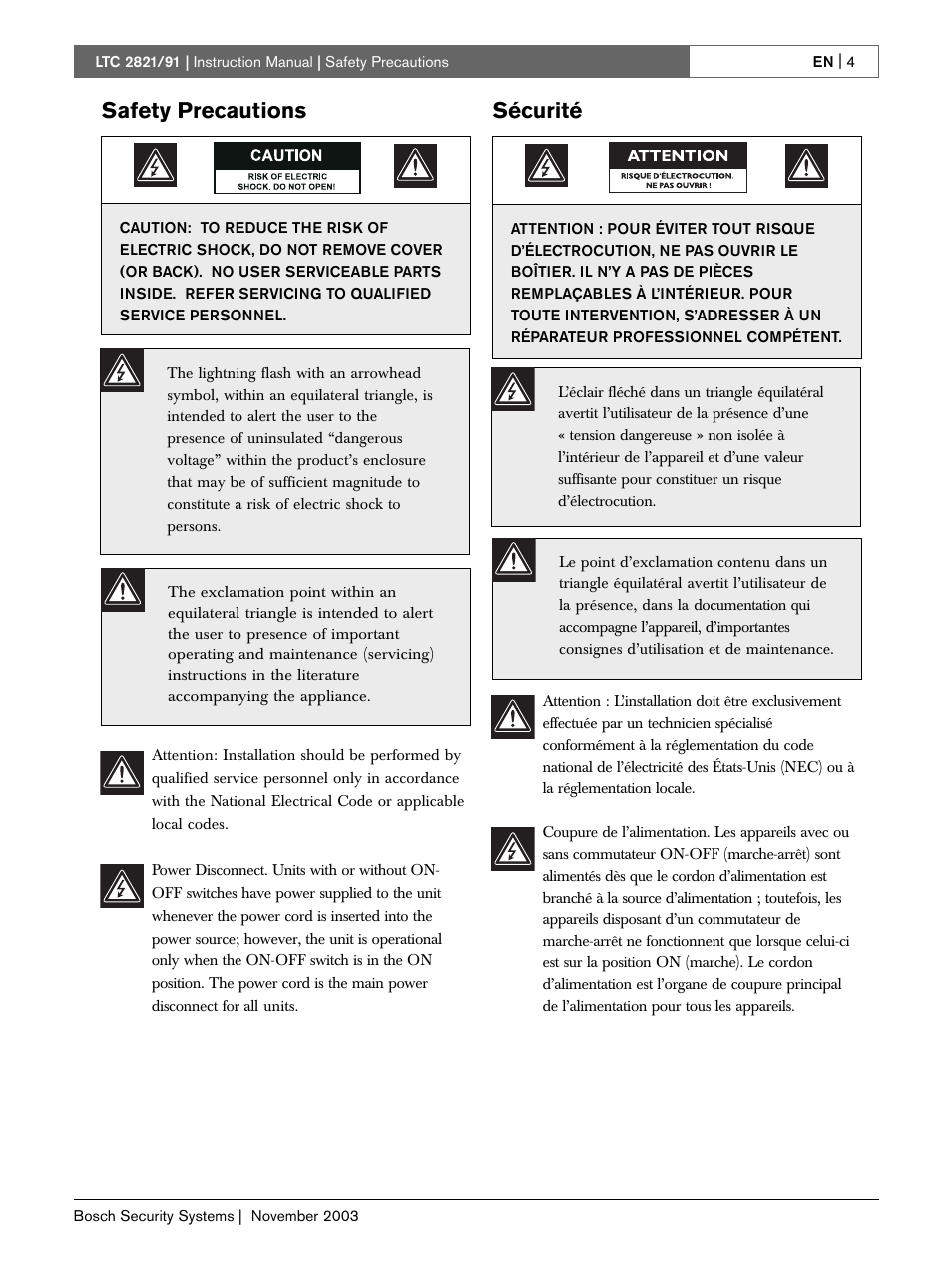 Safety precautions, Sécurité | Bosch LTC 2821 User Manual | Page 4 / 12