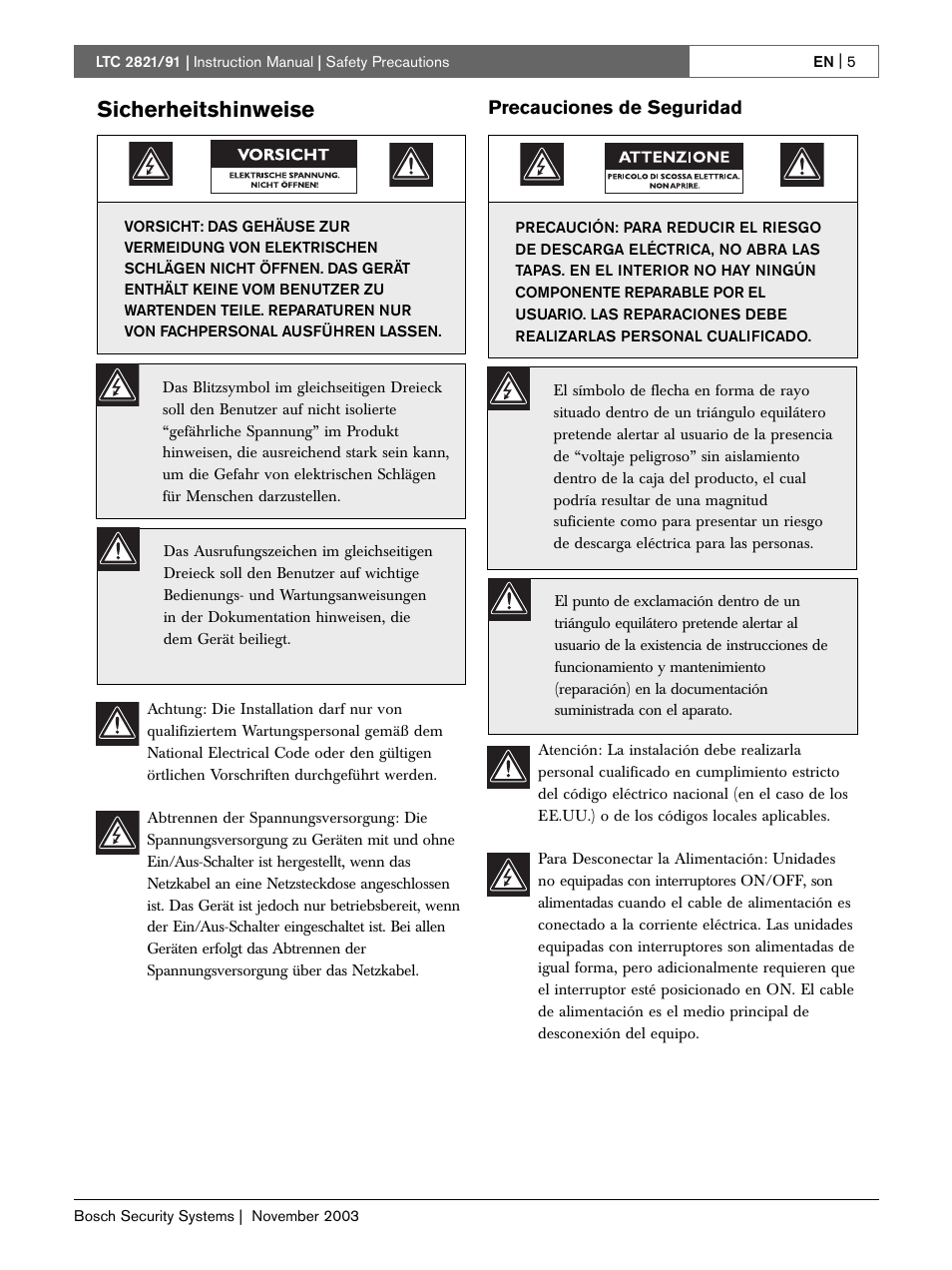 Sicherheitshinweise, Precauciones de seguridad | Bosch LTC 2821 User Manual | Page 5 / 12