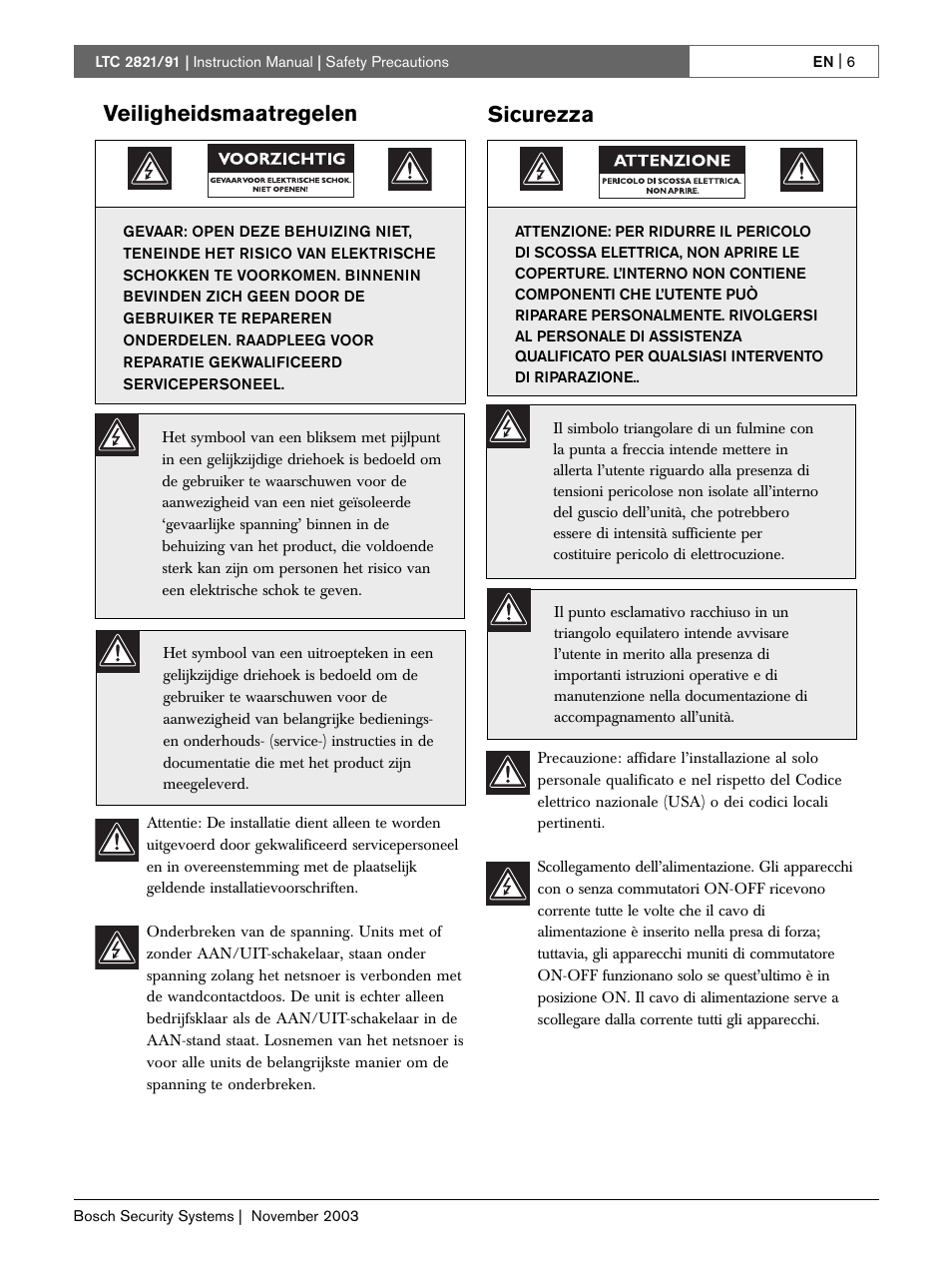 Veiligheidsmaatregelen, Sicurezza | Bosch LTC 2821 User Manual | Page 6 / 12