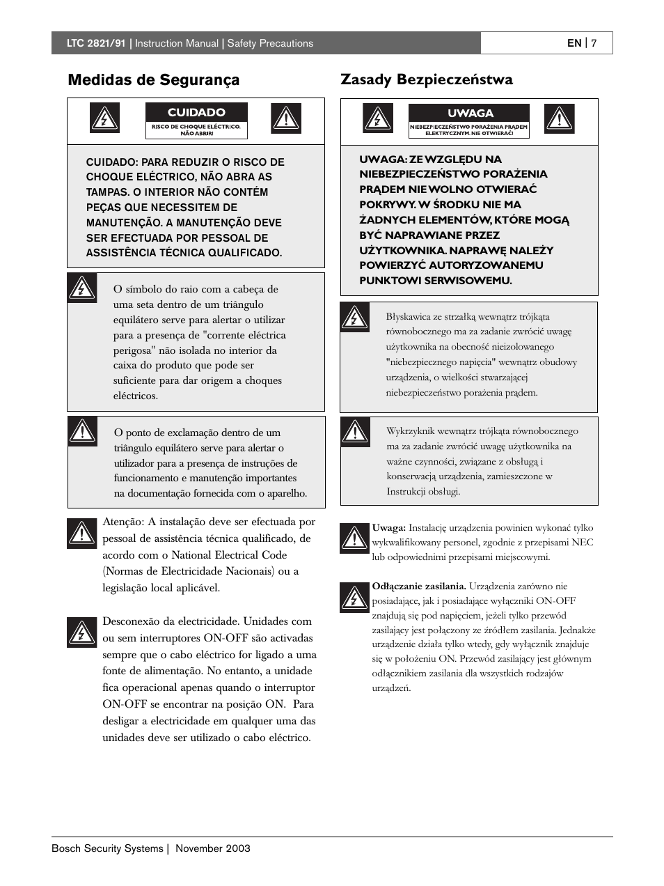 Medidas de segurança, Zasady bezpieczeństwa | Bosch LTC 2821 User Manual | Page 7 / 12