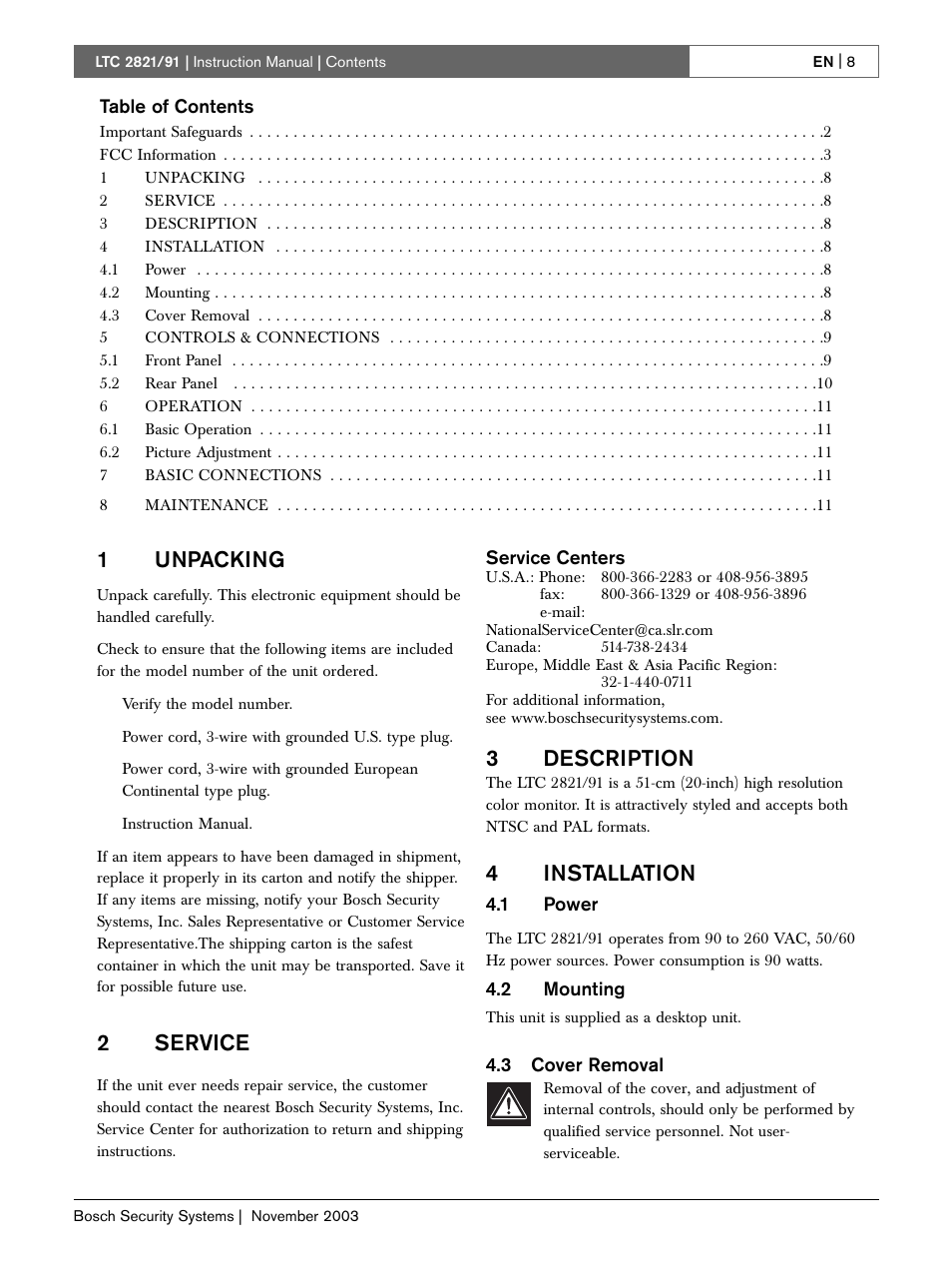 1unpacking, 2service, 3description | 4installation | Bosch LTC 2821 User Manual | Page 8 / 12