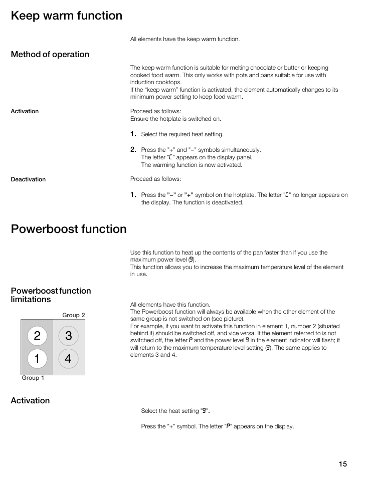 Keep warm function, Powerboost function, Method of operation | Powerboost function limitations, Activation | Bosch NIT8053UC User Manual | Page 15 / 69
