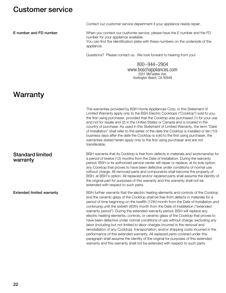 Customer service, Warranty | Bosch NIT8053UC User Manual | Page 22 / 69