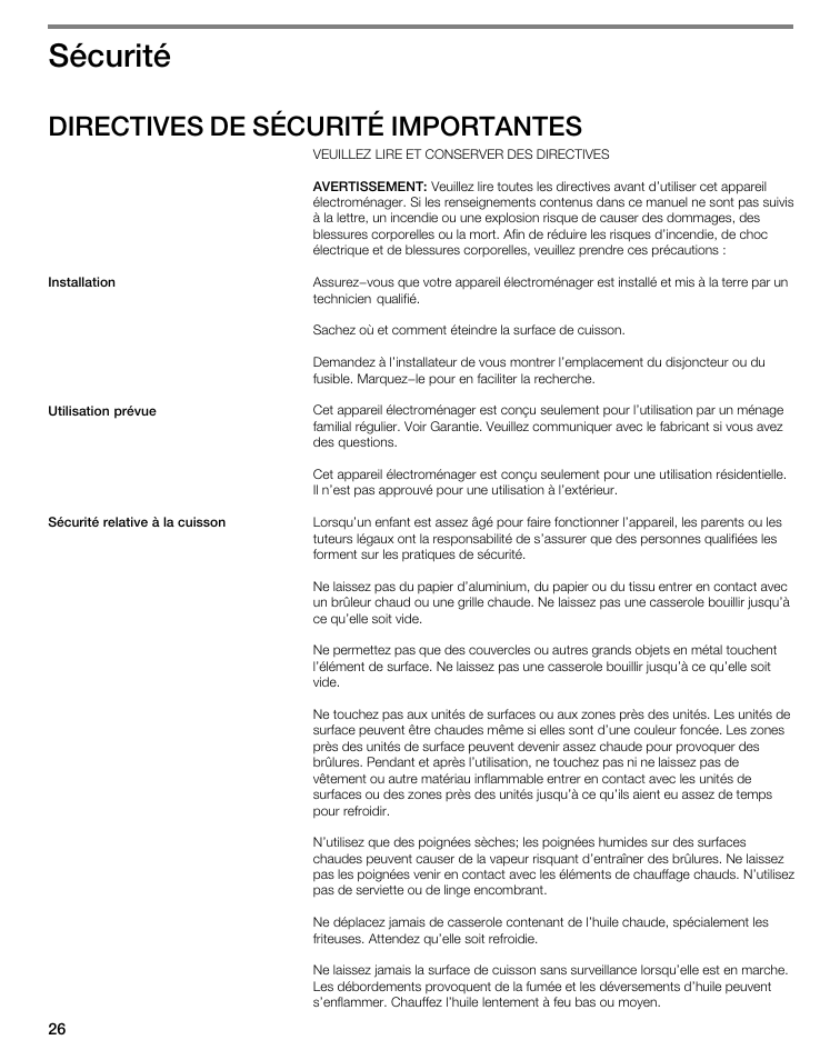 Sécurité, Directives de sécurité importantes | Bosch NIT8053UC User Manual | Page 26 / 69