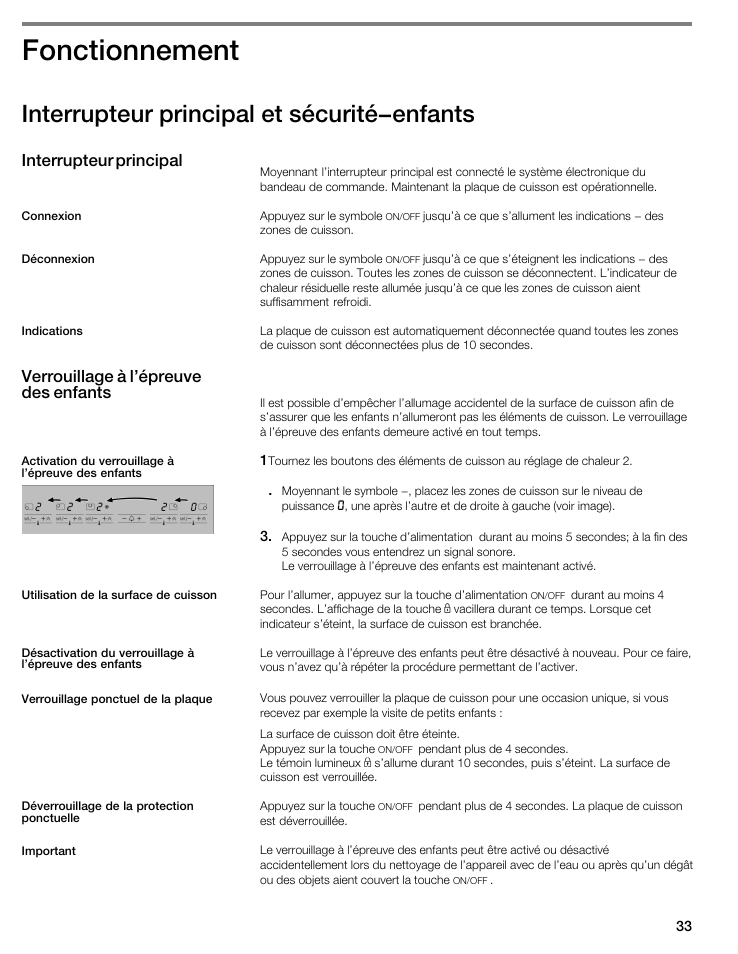 Fonctionnement, Interrupteur principal et sécurité-enfants, Interrupteur principal | Verrouillage à l'épreuve des enfants | Bosch NIT8053UC User Manual | Page 33 / 69