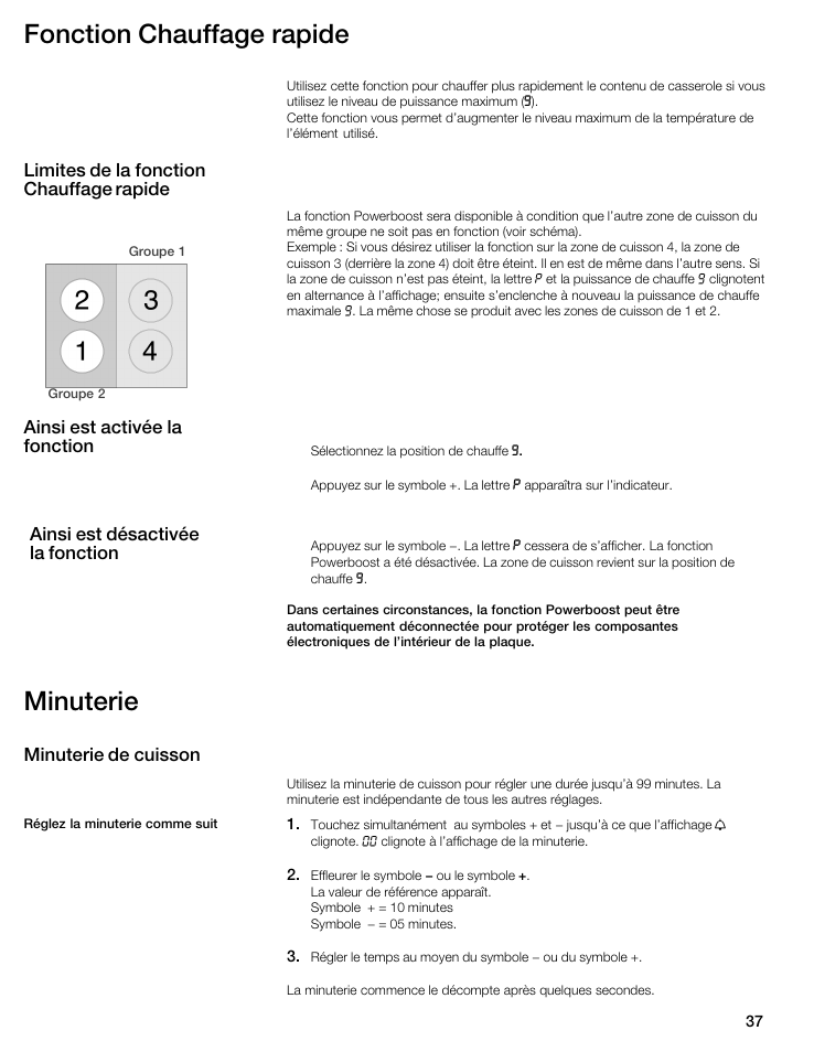 Fonction chauffage rapide, Minuterie | Bosch NIT8053UC User Manual | Page 37 / 69