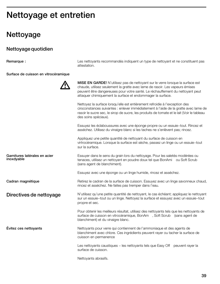 Nettoyage et entretien, Nettoyage | Bosch NIT8053UC User Manual | Page 39 / 69