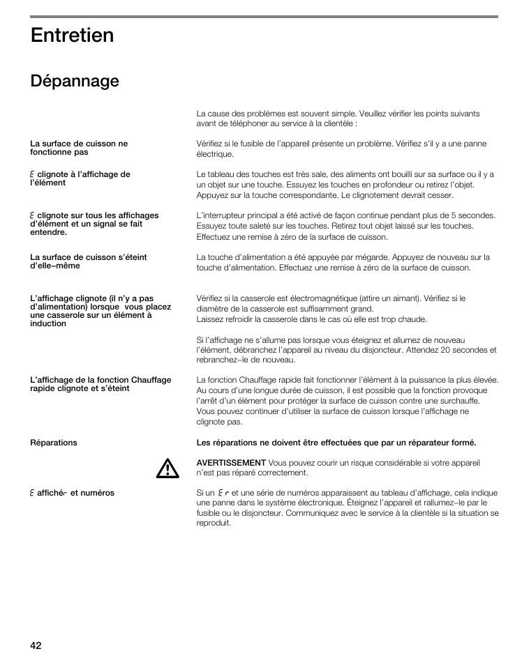 Entretien, Dépannage | Bosch NIT8053UC User Manual | Page 42 / 69