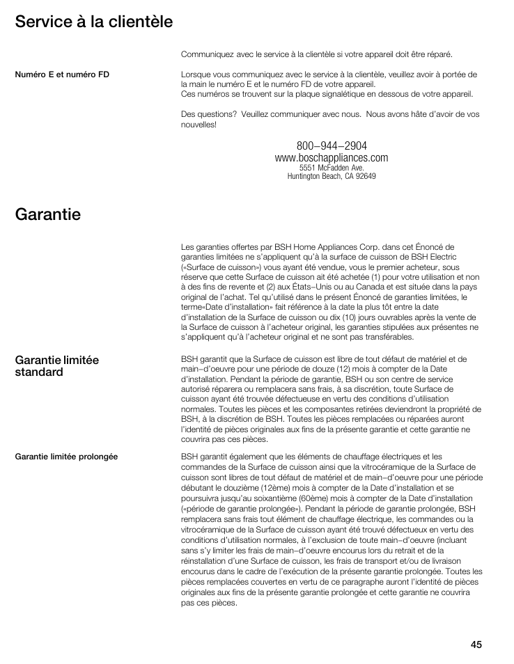 Service à la clientèle, Garantie | Bosch NIT8053UC User Manual | Page 45 / 69
