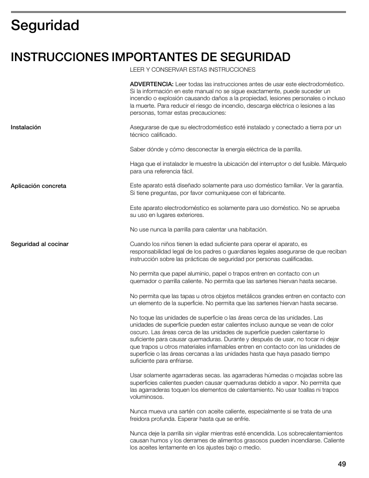 Seguridad, Instrucciones importantes de seguridad | Bosch NIT8053UC User Manual | Page 49 / 69
