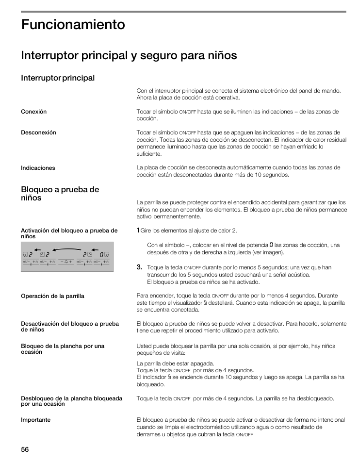 Funcionamiento, Interruptor principal y seguro para niños, Interruptor principal | Bloqueo a prueba de niños | Bosch NIT8053UC User Manual | Page 56 / 69
