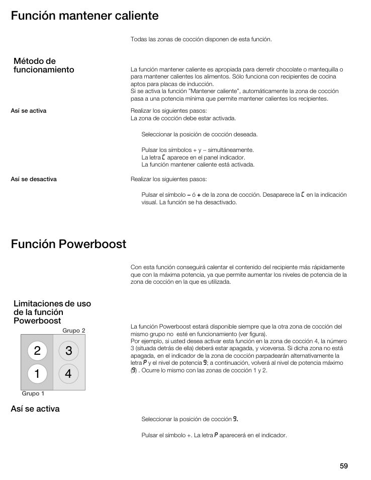 Función mantener caliente, Función powerboost | Bosch NIT8053UC User Manual | Page 59 / 69
