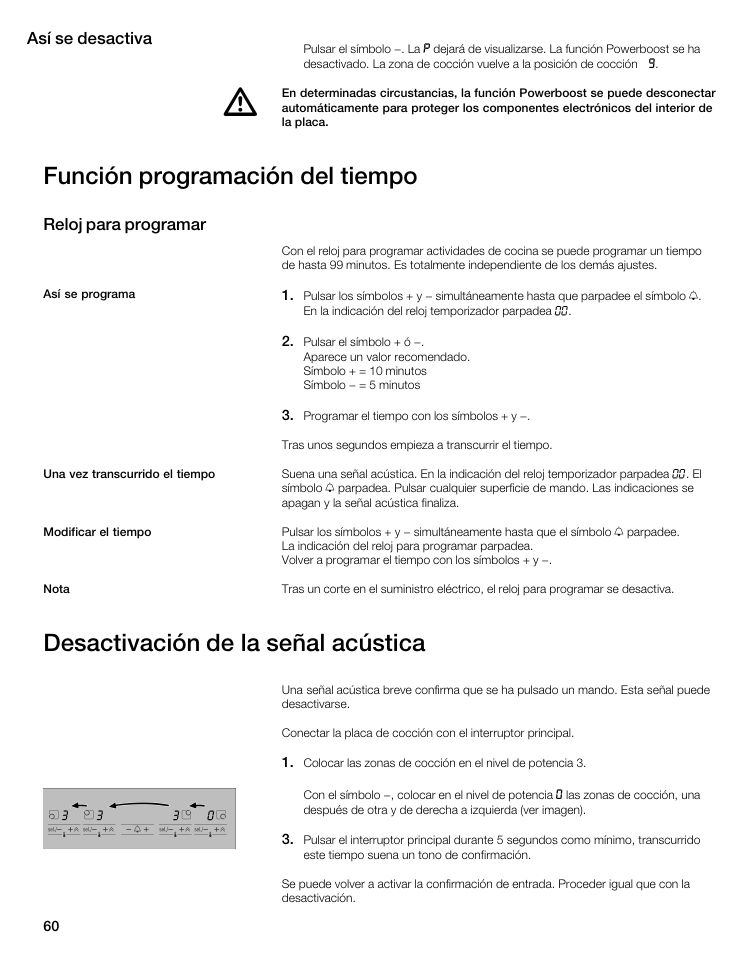 Función programación del tiempo, Desactivación de la señal acústica | Bosch NIT8053UC User Manual | Page 60 / 69