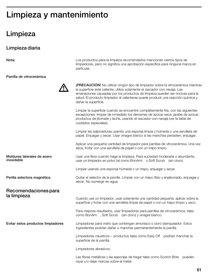 Limpieza y mantenimiento, Limpieza | Bosch NIT8053UC User Manual | Page 61 / 69