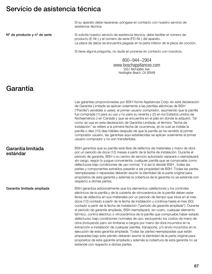 Servicio de asistencia técnica, Garantía | Bosch NIT8053UC User Manual | Page 67 / 69