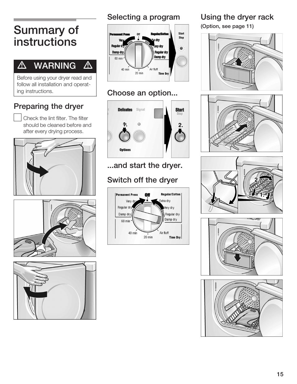 Summary of instructions, Warning | Bosch BOSCH Dryer User Manual | Page 15 / 86
